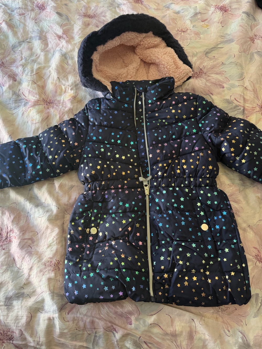 Kids Star-Print Puffer Jacket with Sherpa Hood - Navy